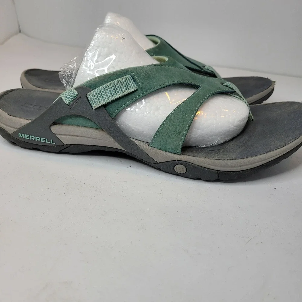 Merrell Bering Sea Sandals Womens 10 Teal‎ Green Good Leather Thong Slides